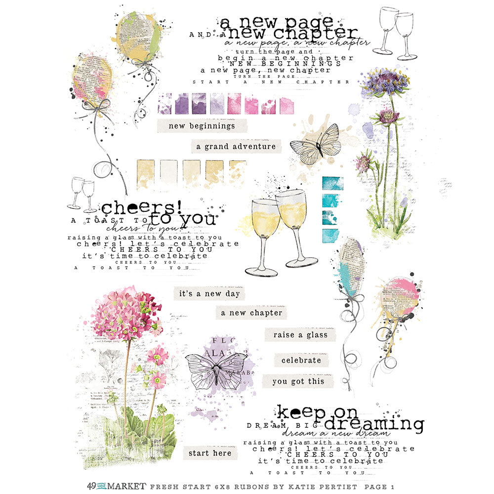 49 and Market Vintage Bits 6”X8” FRESH START RUB-ON Transfer Set