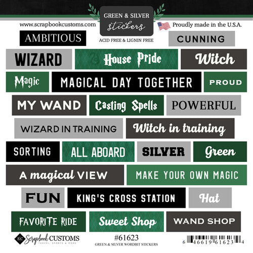 Wizarding World 6X6 GREEN &amp; SILVER WORDBIT Harry Potter Sticker 25pc