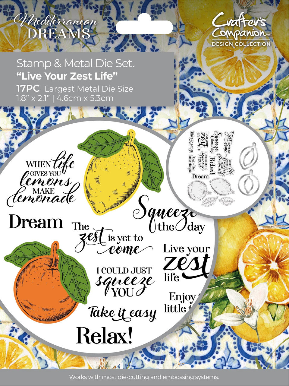 Crafter’s Companion Mediterranean Dreams LIVE YOUR ZEST LIFE Stamp & Metal Die Set 17pc