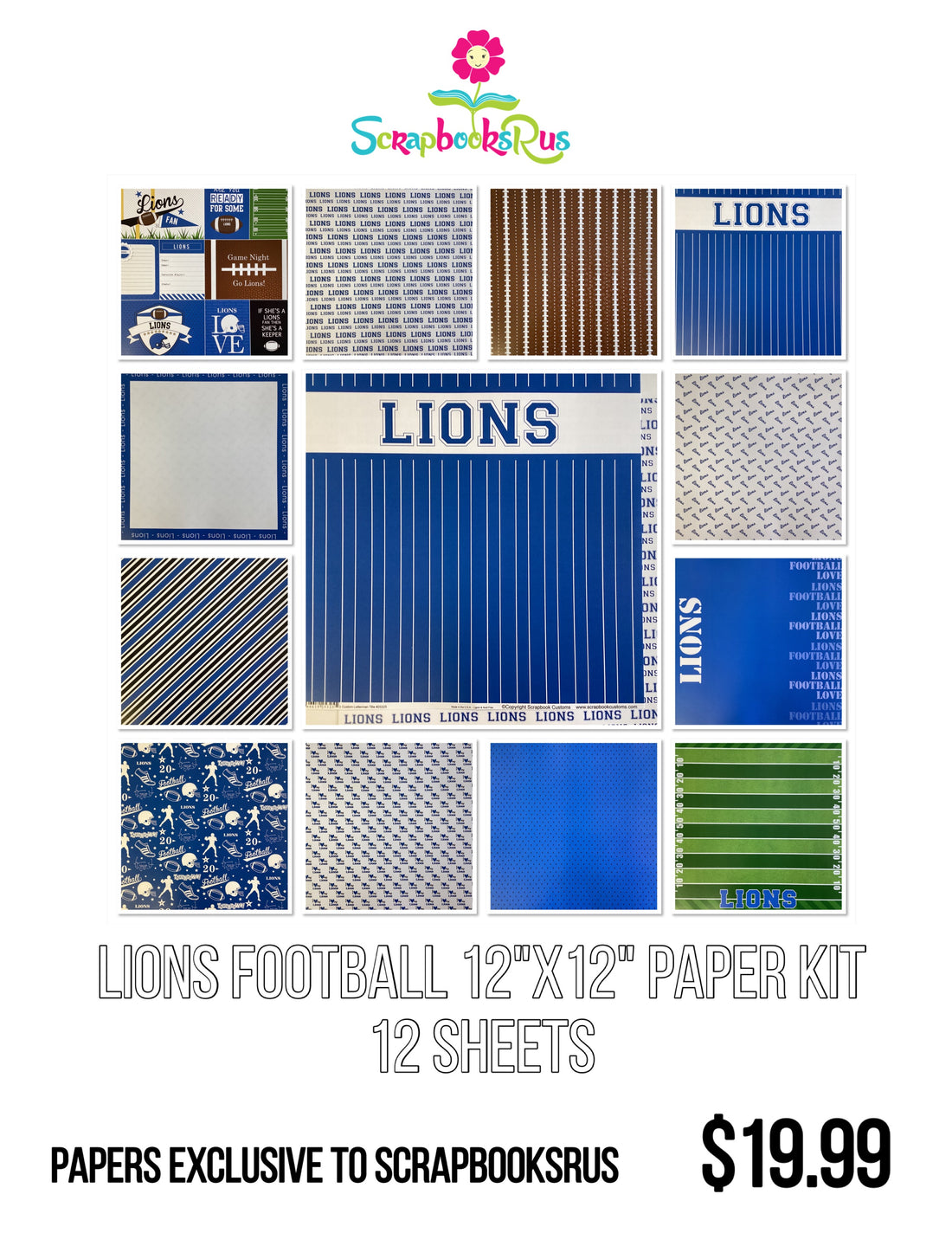 Scrapbooksrus LIONS FOOTBALL 12"X12" Scrapbook Paper Kit 12 Sheets