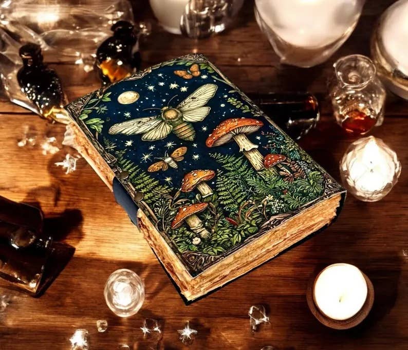 Soft Leather LUNA MOTH MUSHROOMS Journal Blank A7