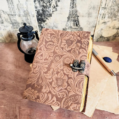 Soft Leather Journal PAISLEY FLORAL Handmade Brown Lock Diary A7