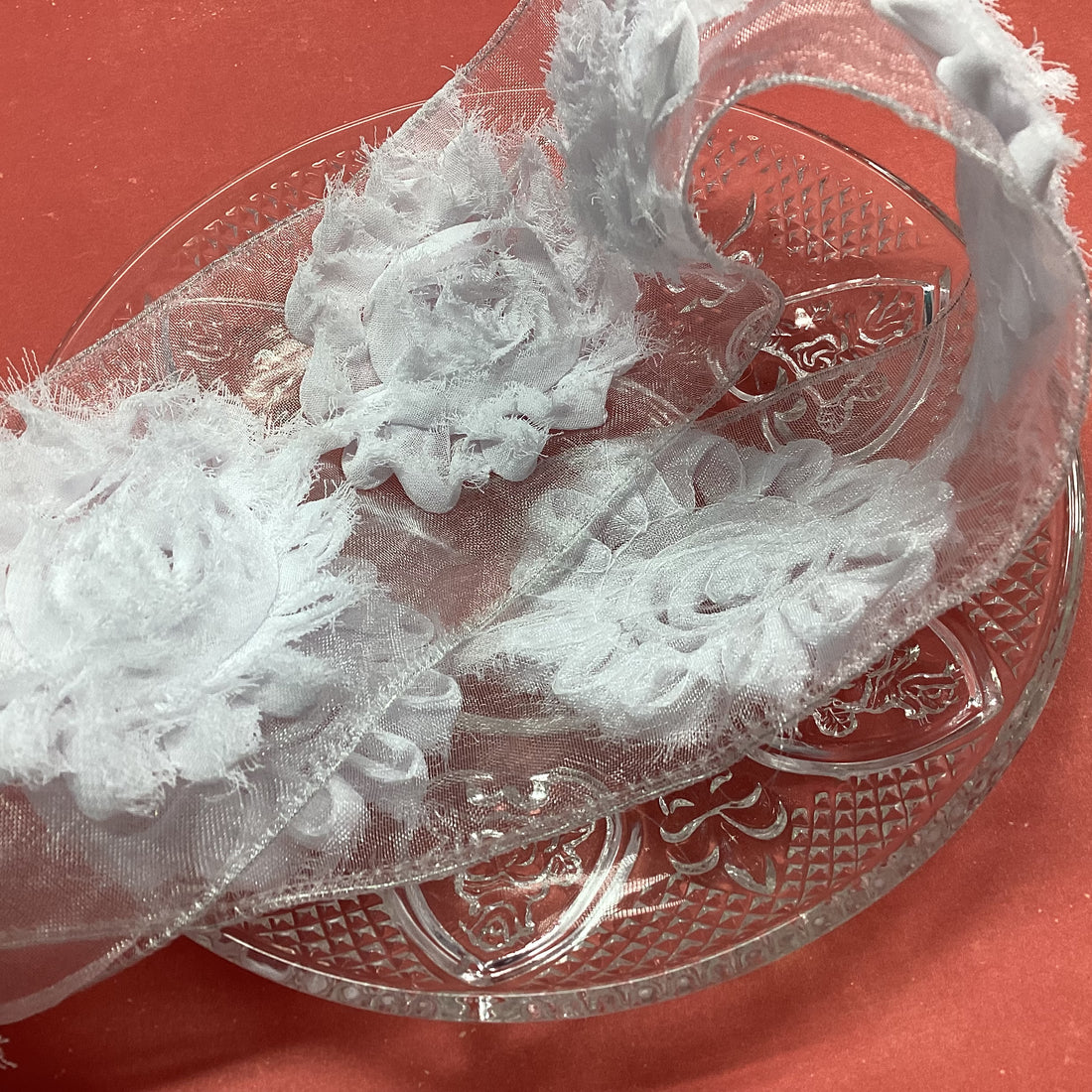 May Arts 2&quot; LARGE WHITE RIBBON ROSES Flower Trim 1 yard yd