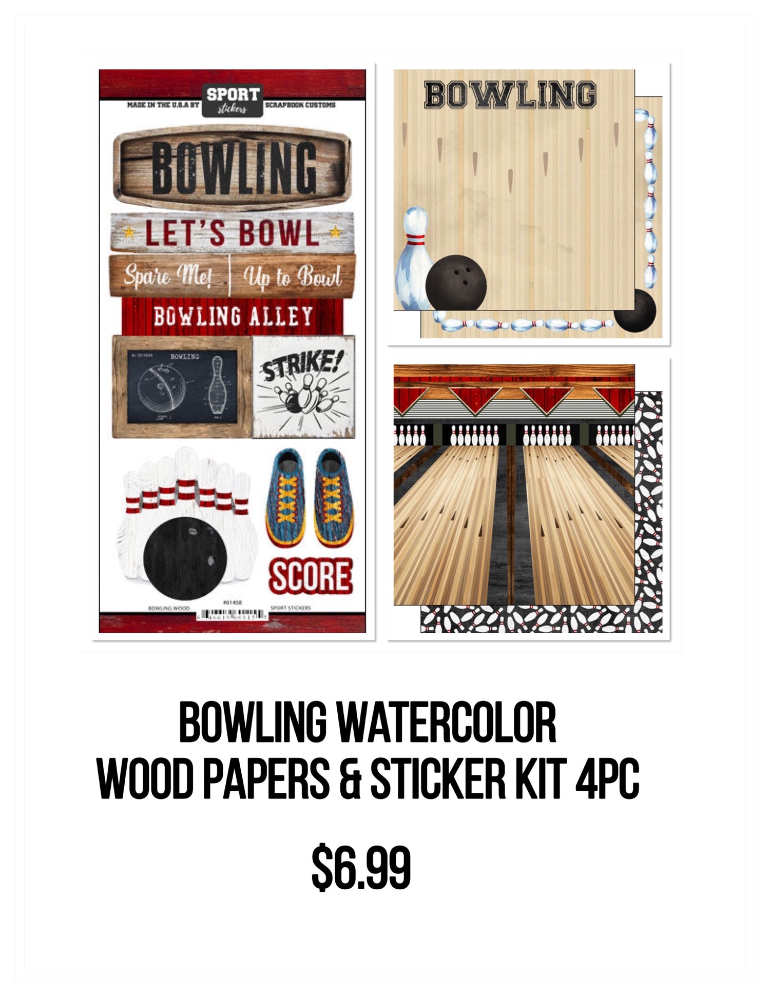 BOWLING Watercolor Wood Papers &amp; Sticker Kit 4pc