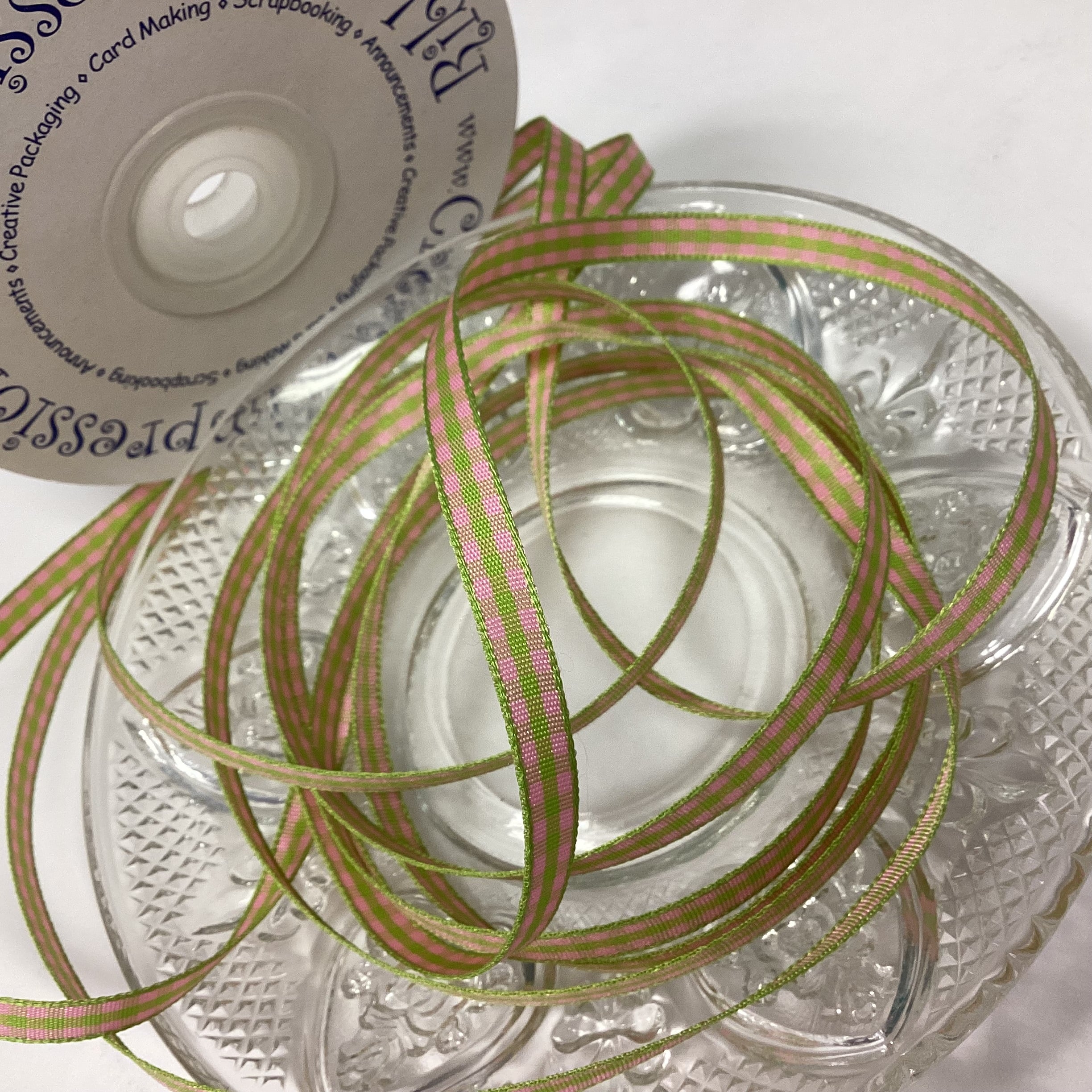Creative Impressions 1/4” LIME &amp; PINK GINGHAM Ribbon Trim 1 yard and