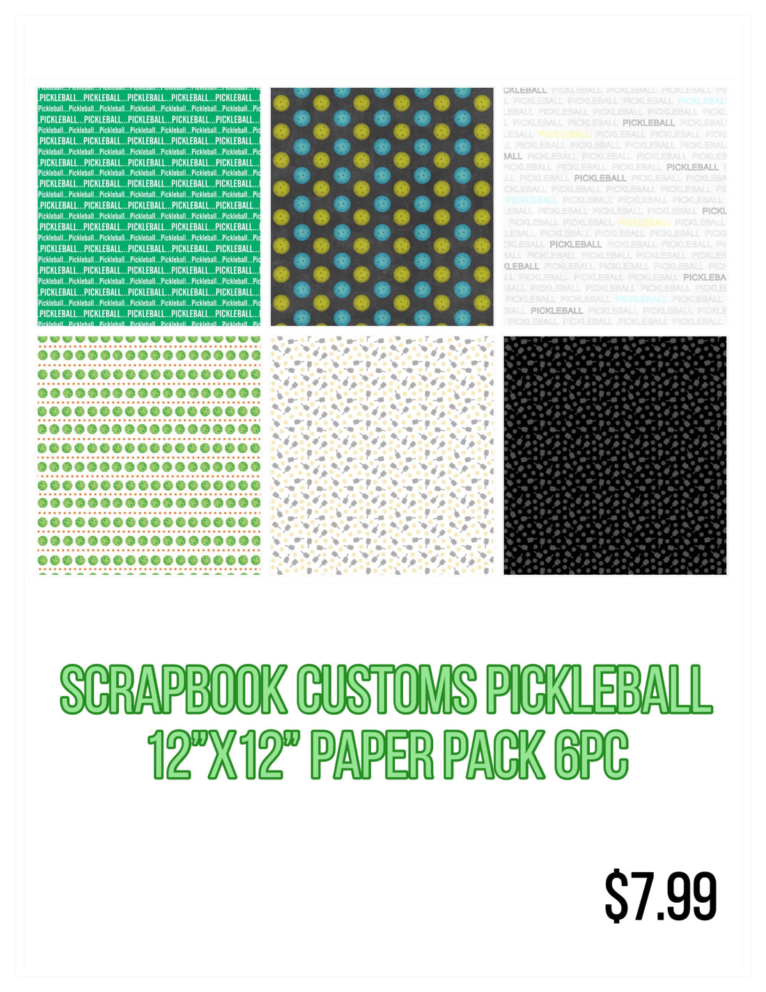 Scrapbook Customs PICKLEBALL 12”X12” Paper Pack 6pc