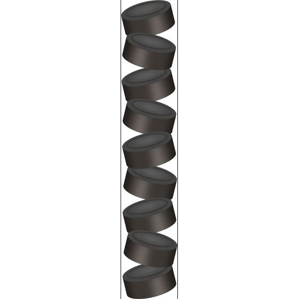 Spiral arrangement of black cylindrical objects on a white background