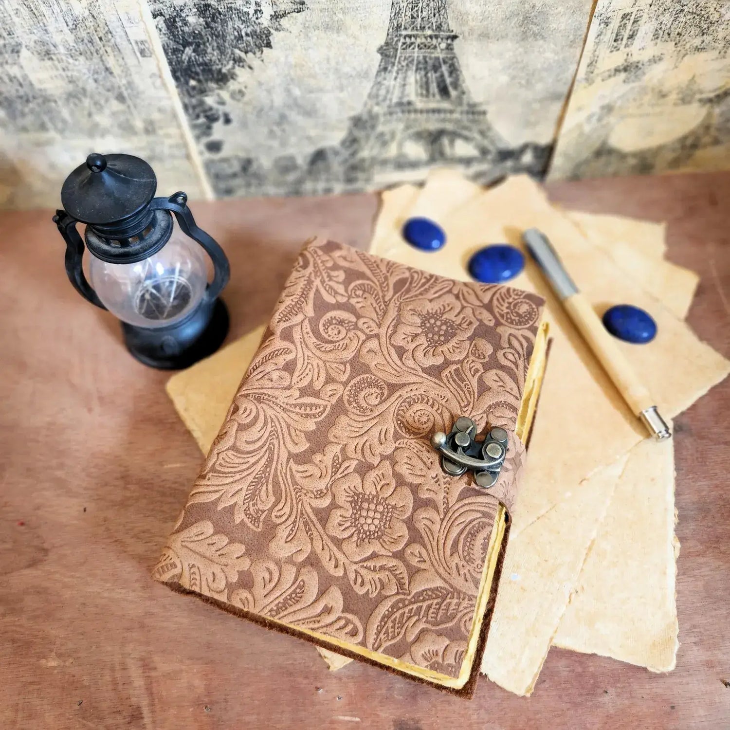 Soft Leather Journal PAISLEY FLORAL Handmade Brown Lock Diary A7