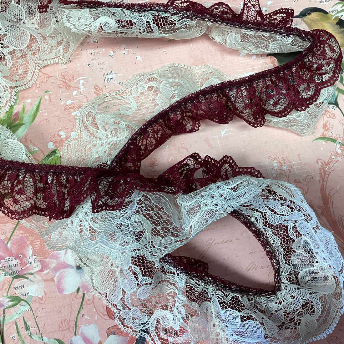 Scrapbooksrus Vintage Lace TWO LAYER WINE ON BEIGE Ribbon Trim 2”X3ft