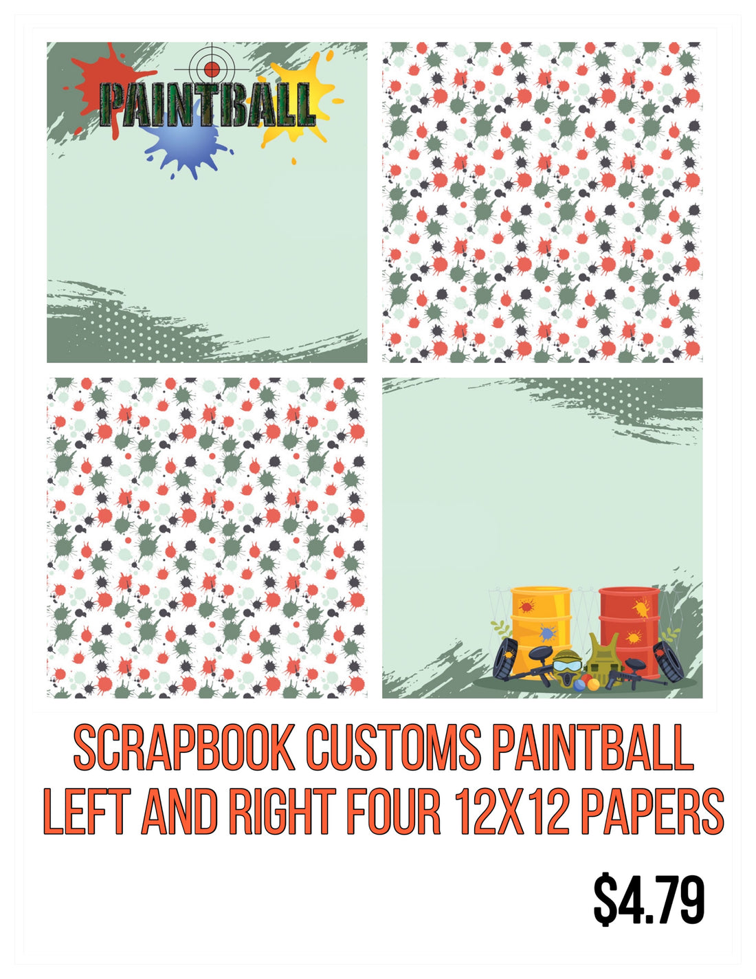 Scrapbook Customs PAINTBALL Double Sided Pride 4pc 12X12 Papers