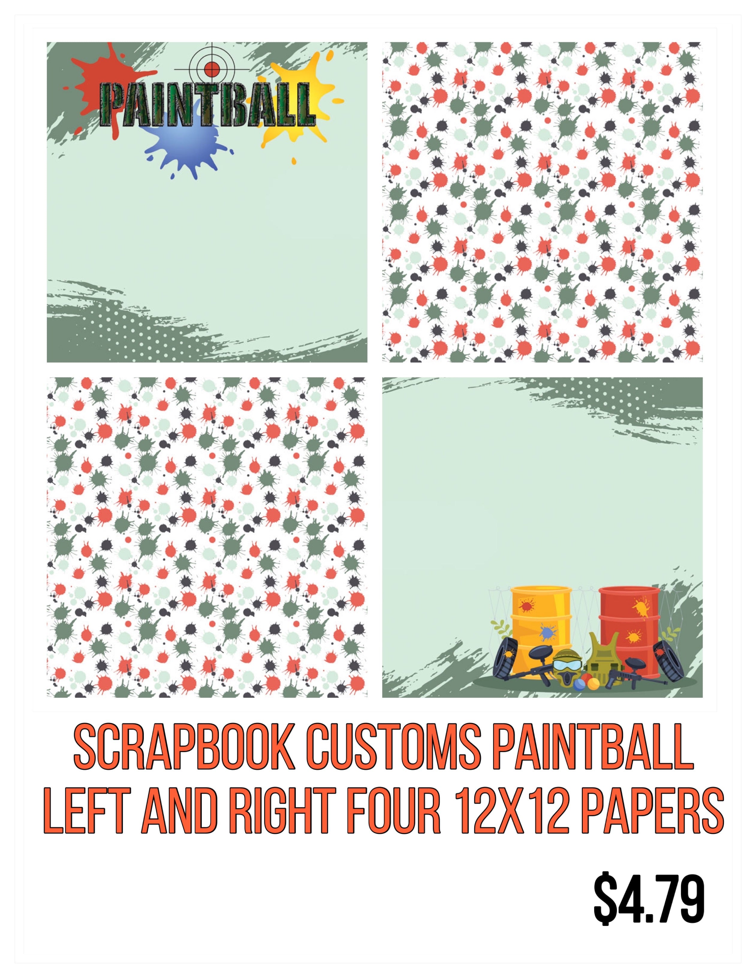 Scrapbook Customs PAINTBALL Double Sided Pride 4pc 12X12 Papers