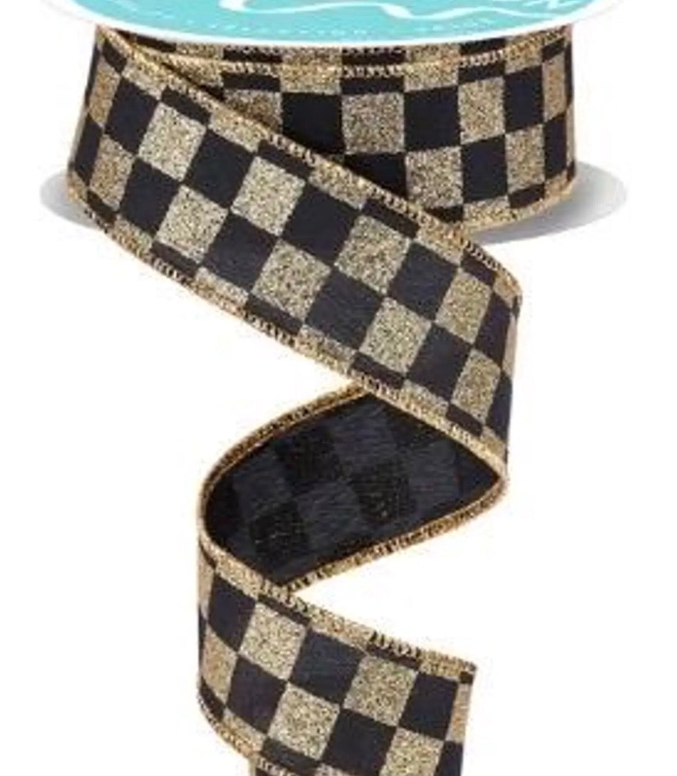 Holiday Bow-Tique GOLD BLACK CHECKER ROLL Wire Edge Ribbon 30ft