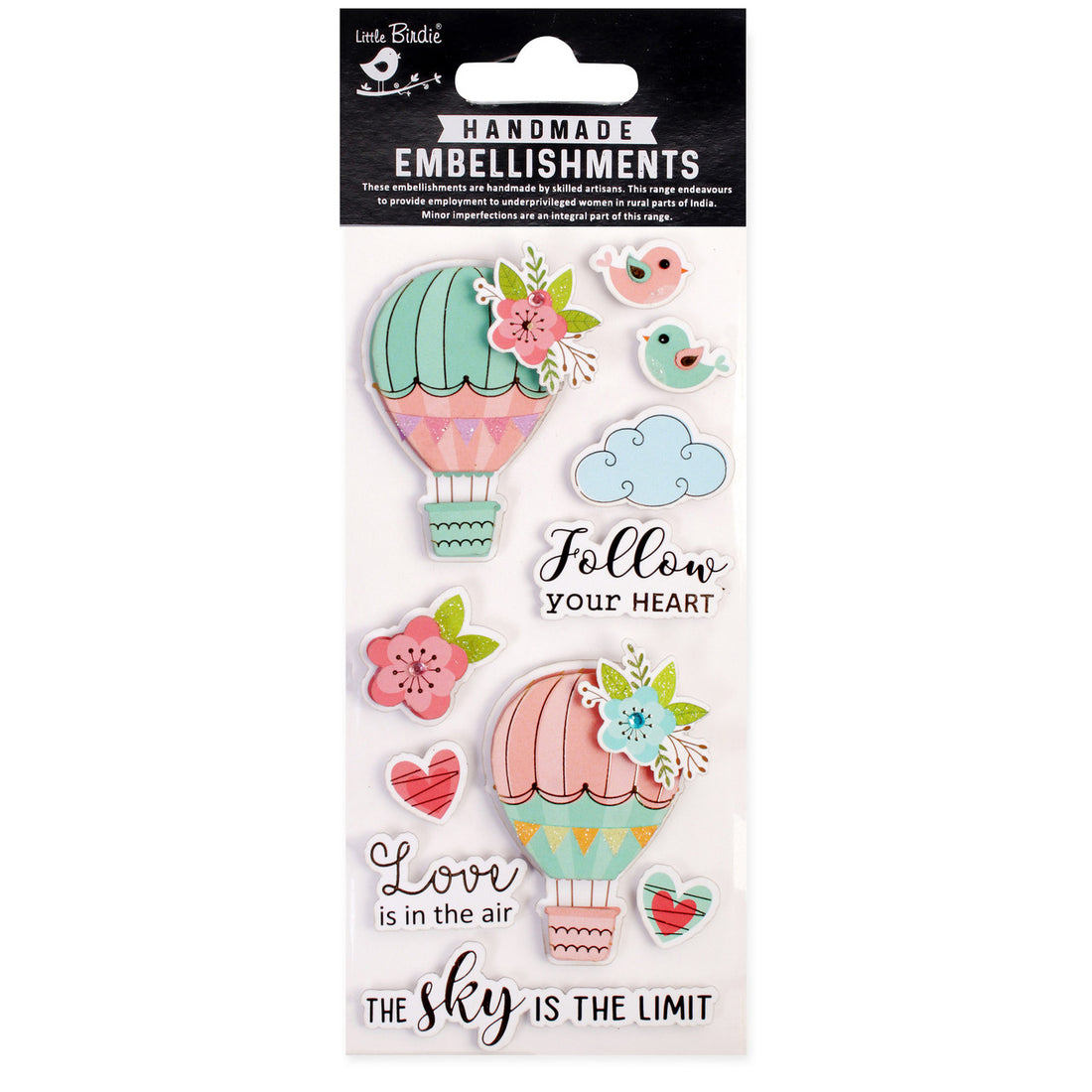 Little Birdie FOLLOW YOUR DREAMS GLITTER 3D Stickers Handmade Embellishments 11pc