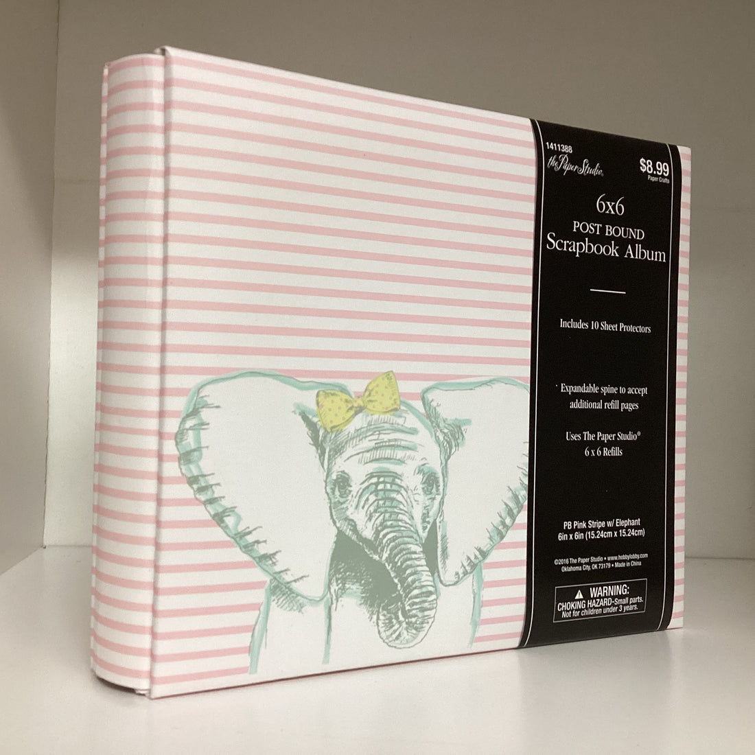 The Paper Studio PB PINK STRIPE ELEPHANT 6&quot;X6&quot; Post Bound Scrapbook Album