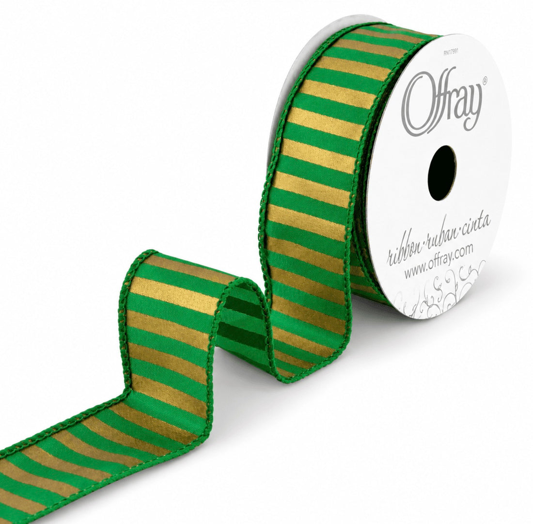 May Arts 1.5” GOLD EMERALD STRIPE SPIRIT Ribbon Wired Edge 1 Yard yd