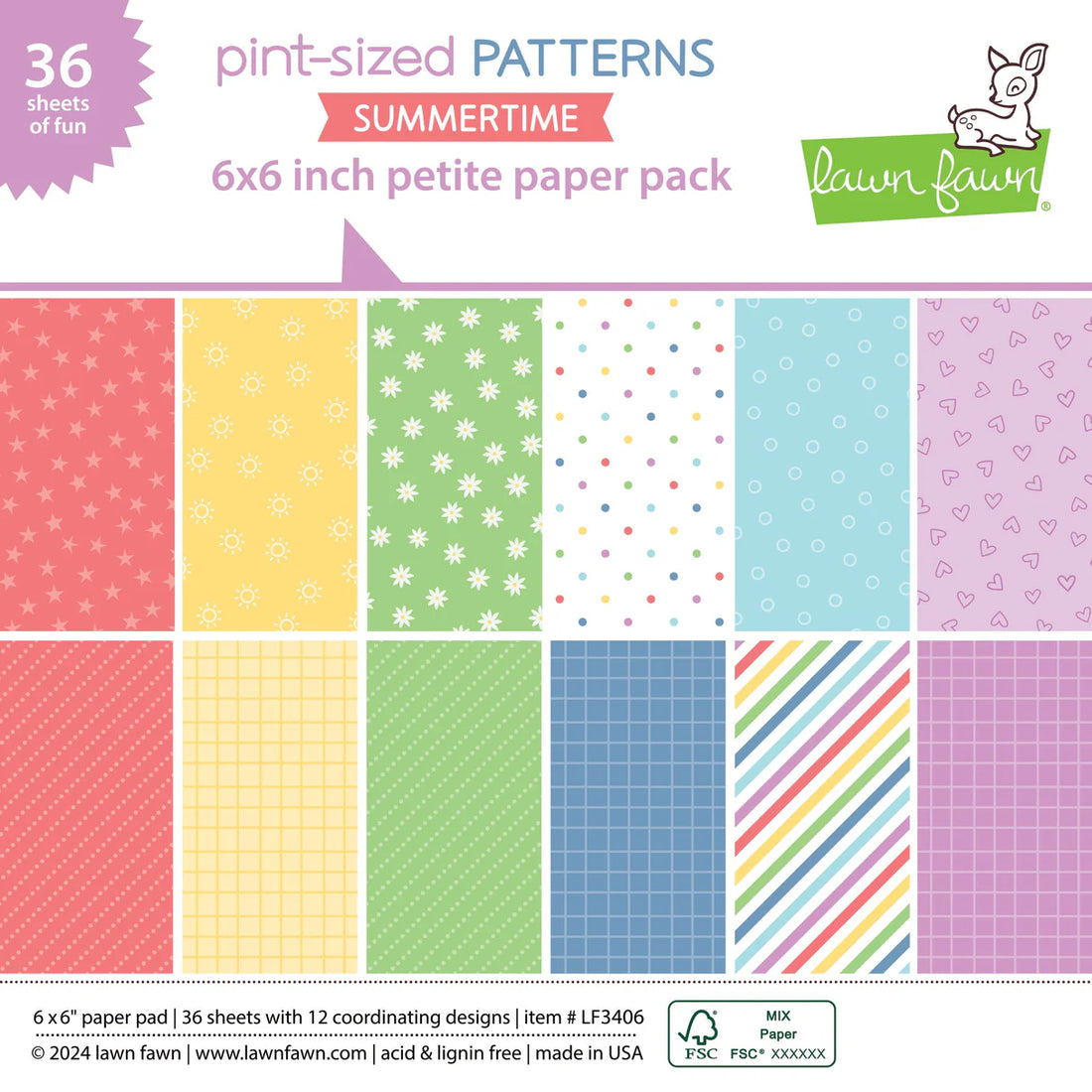 Lawn Fawn PINT-SIZED PATTERNS SUMMERTIME 6&quot;X6&quot; Petite Paper Pack 36pc