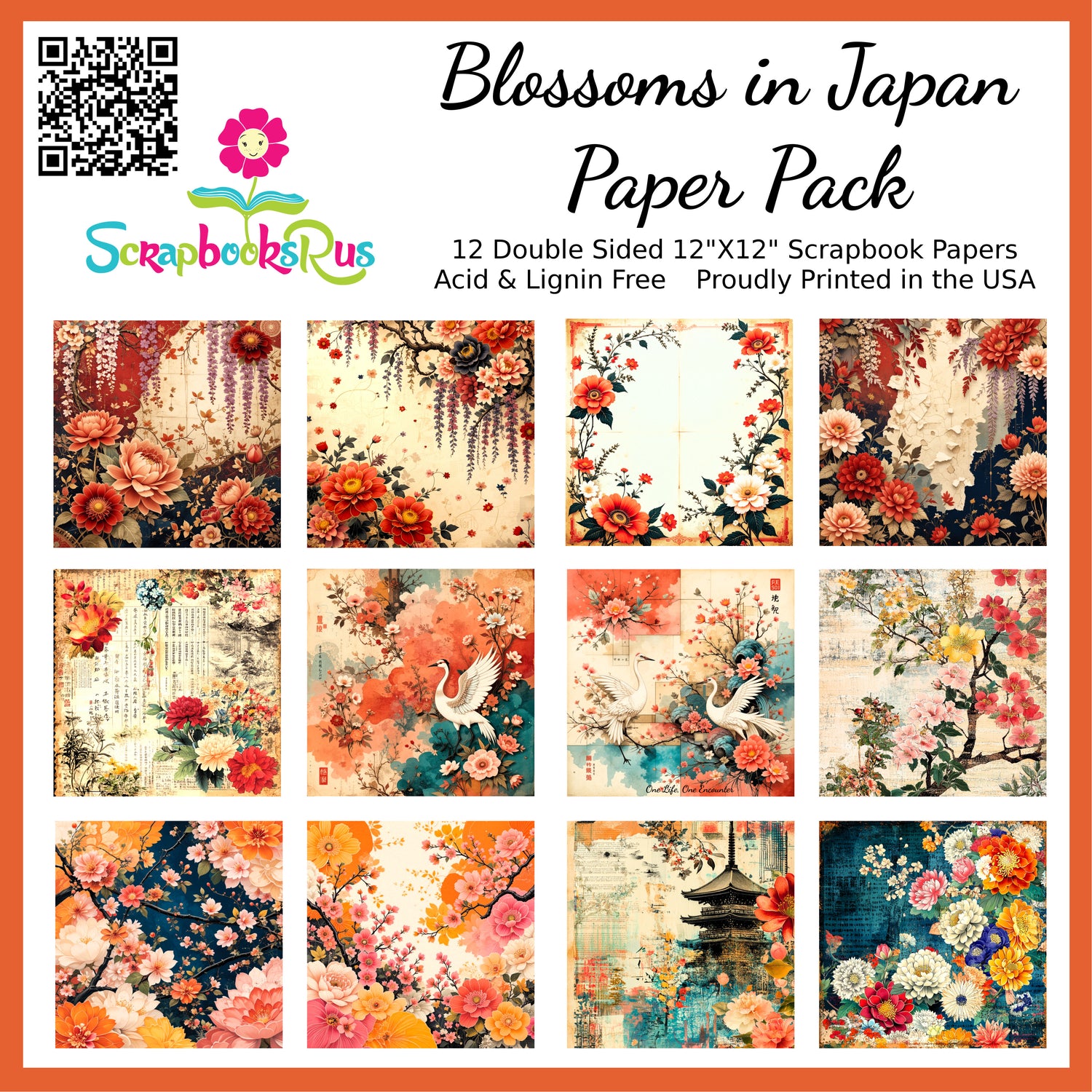 Scrapbooksrus BLOSSOMS IN JAPAN PACK 12pc 12"X12" Scrapbook Paper