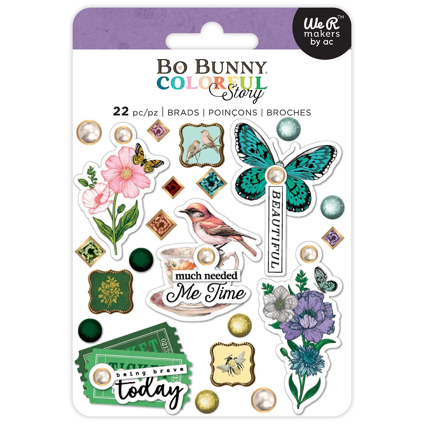 Packaging of Bo Bunny Colorful Story embellishments with various decorative items.