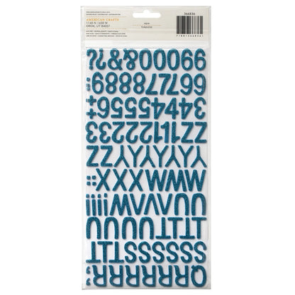 Packaging of blue letter and number stickers on a white background