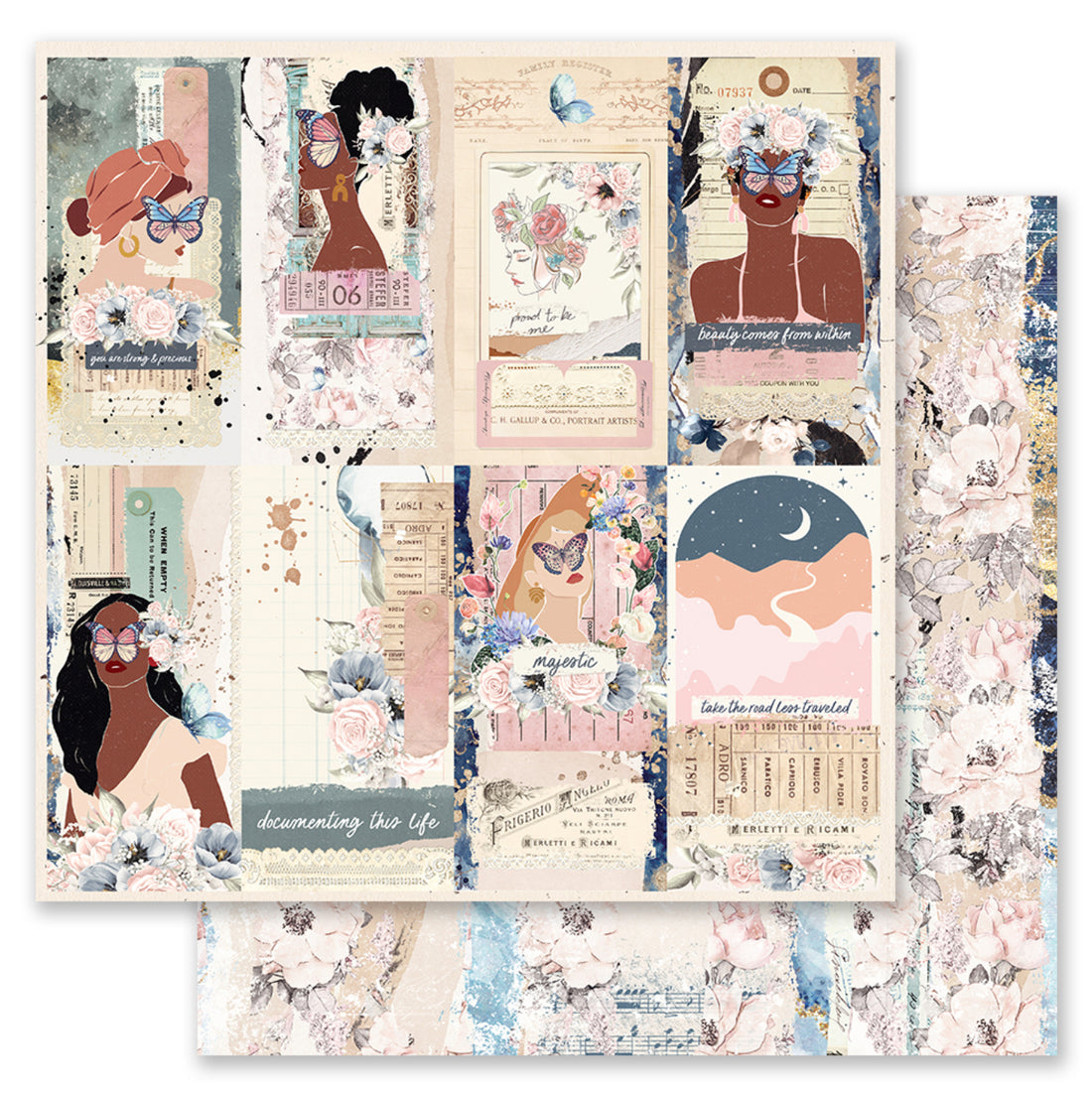 Prima Indigo Collection DOCUMENTED 12"X12" Scrapbook Paper