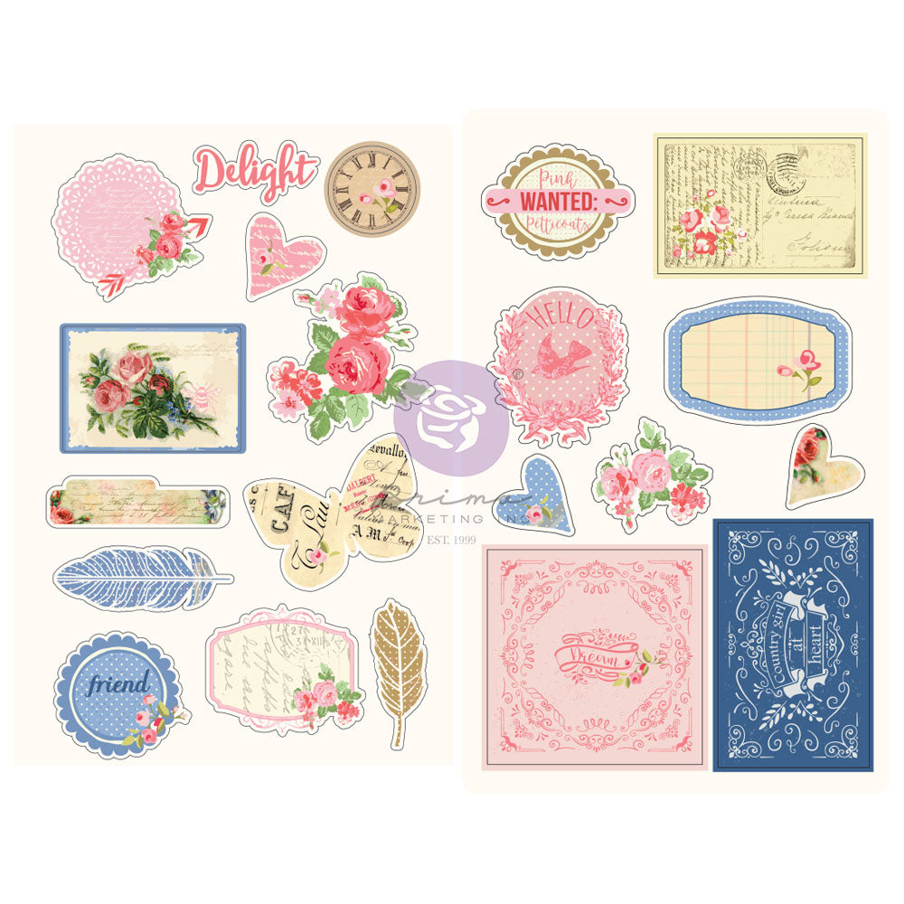 Prima Marketing JULIE NUTTING FRAYED DENIM Chipboard Stickers 21pc