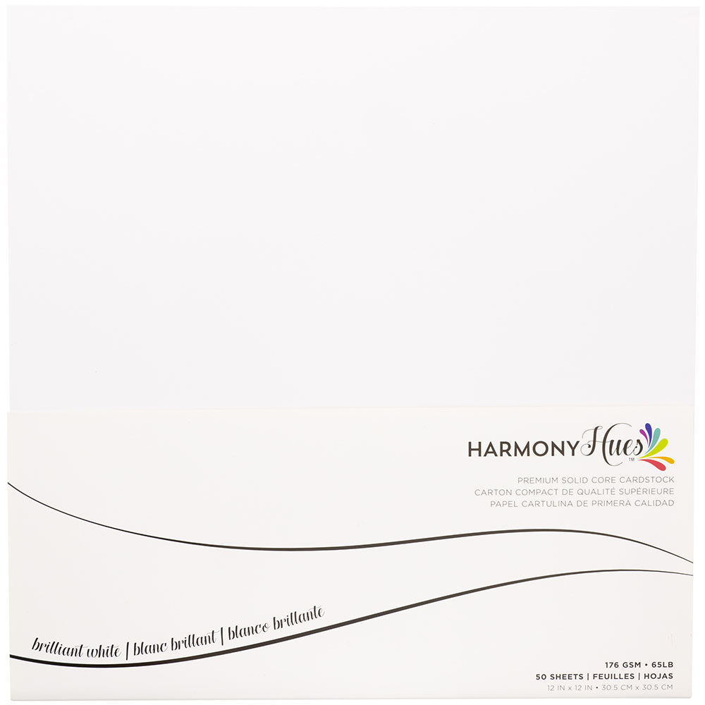 Harmony Hues BRILLIANT WHITE 12”X12” Solid Core Cardstock 65lb 50 Sheets