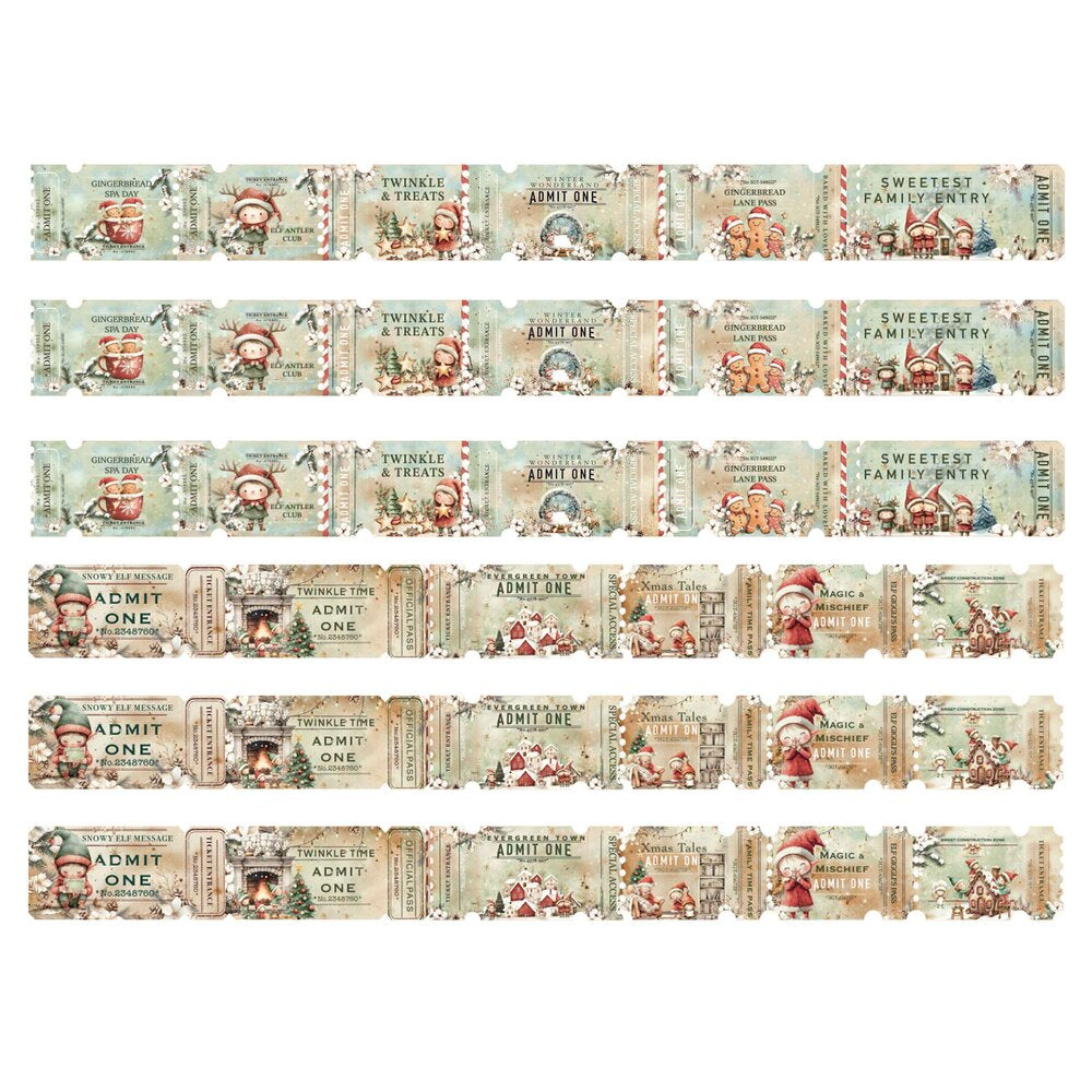 Set of vintage-style movie ticket stubs with Christmas-themed graphics on a white background.