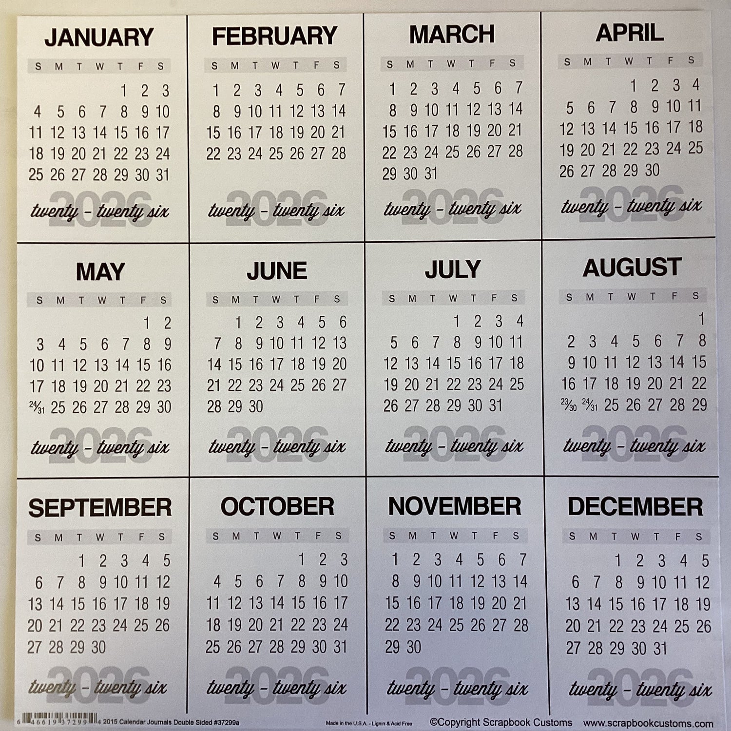 Scrapbook Customs 2026 CALENDAR JOURNALS 12”X12”Scrapbook Paper
