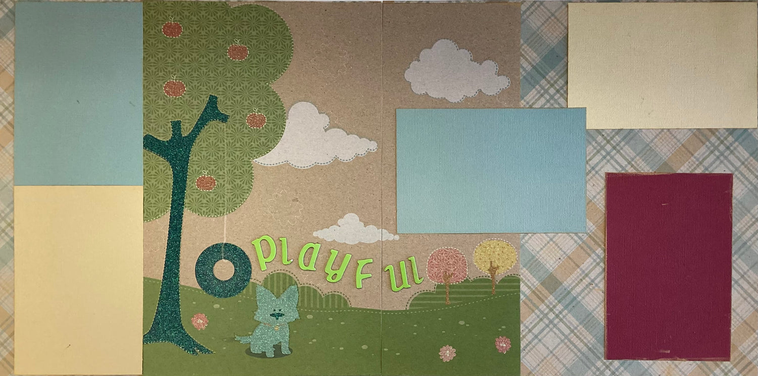 Premade PLAYFUL DOG (2) 12”X12” Scrapbook Pages