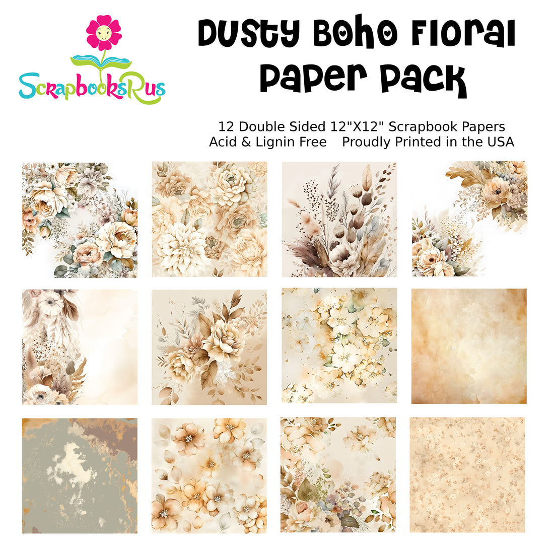 Scrapbooksrus DUSTY BOHO FLORAL PACK 12pc 12&quot;X12&quot; Scrapbook Paper