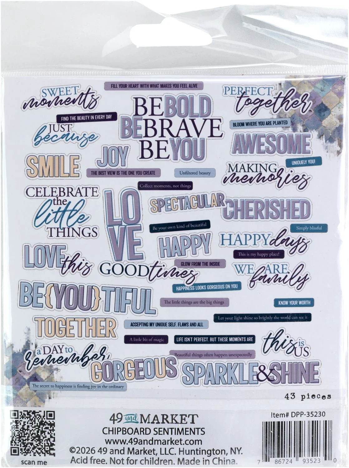 49 and Market PLUME &amp; PETAL Chipboard Sentiments 43pc