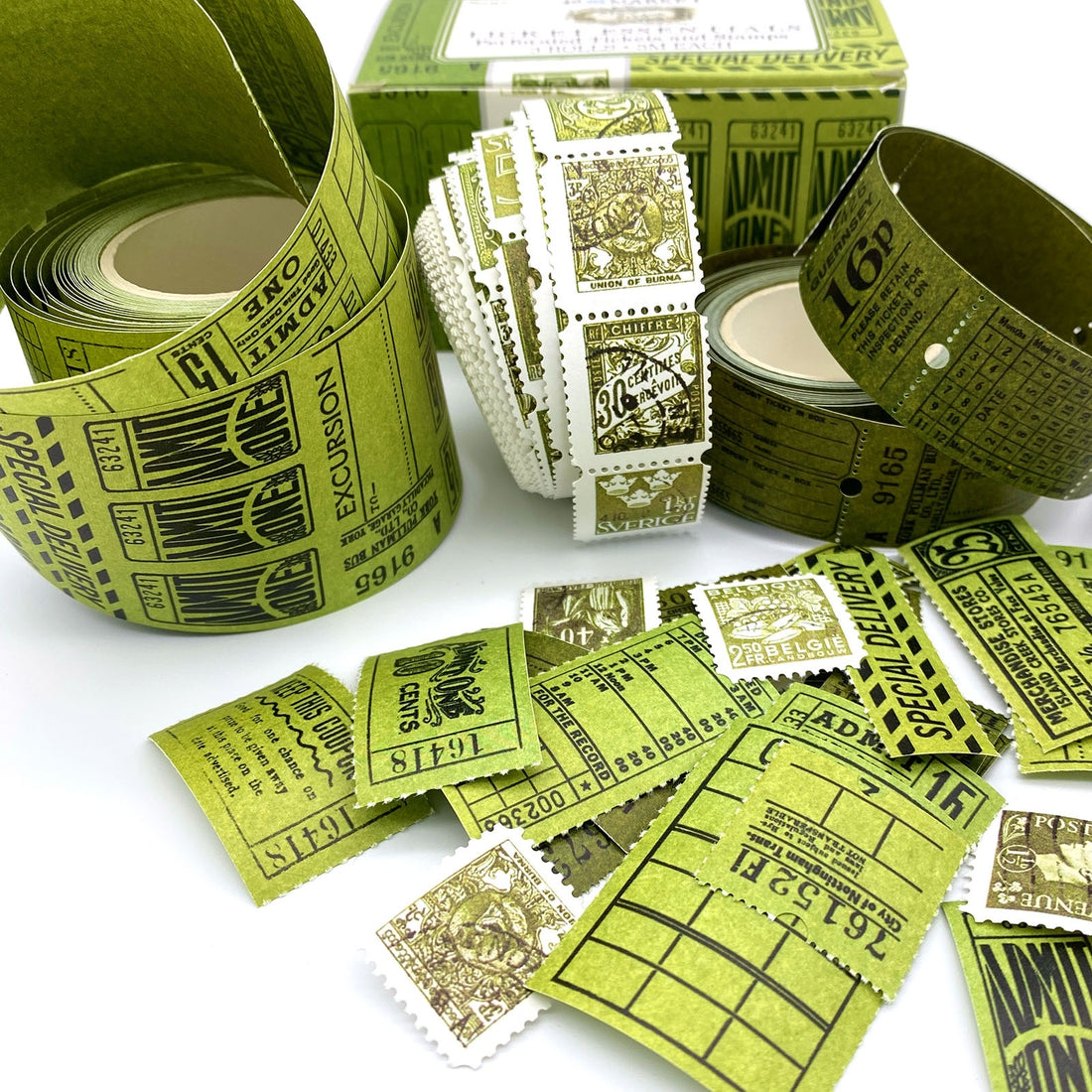 49 and Market Vintage Bits TICKET ESSENTIALS FERN Perforated Tickets & Stamps 3 Rolls @Scrapbooksrus