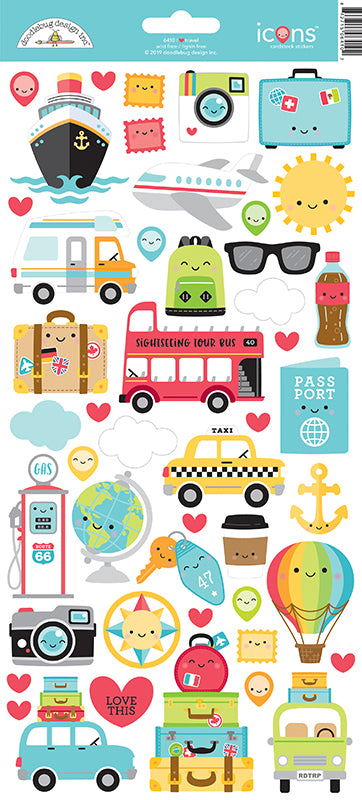 Doodlebug Icons I HEART TRAVEL Cardstock Sticker Sheet