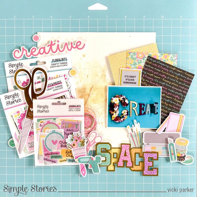 Simple Stories Crafty Things 2X2/4X4 ELEMENTS 12”X12” Scrapbook Paper
