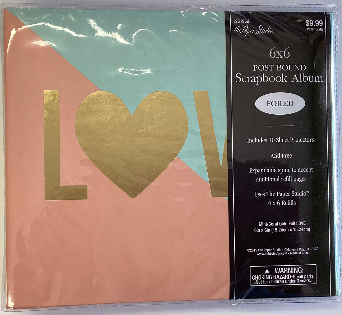 The Paper Studio MINT CORAL GOLD FOIL LOVE 6"X6" Post Bound Scrapbook Album