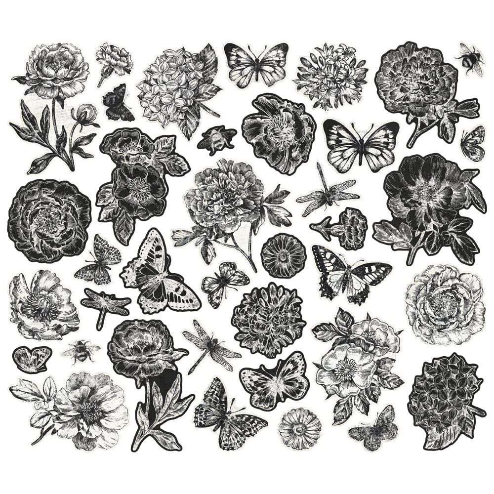 Collection of black and white floral and butterfly illustrations on a white background