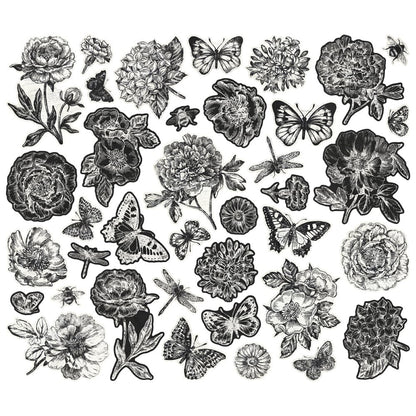 Collection of black and white floral and butterfly illustrations on a white background