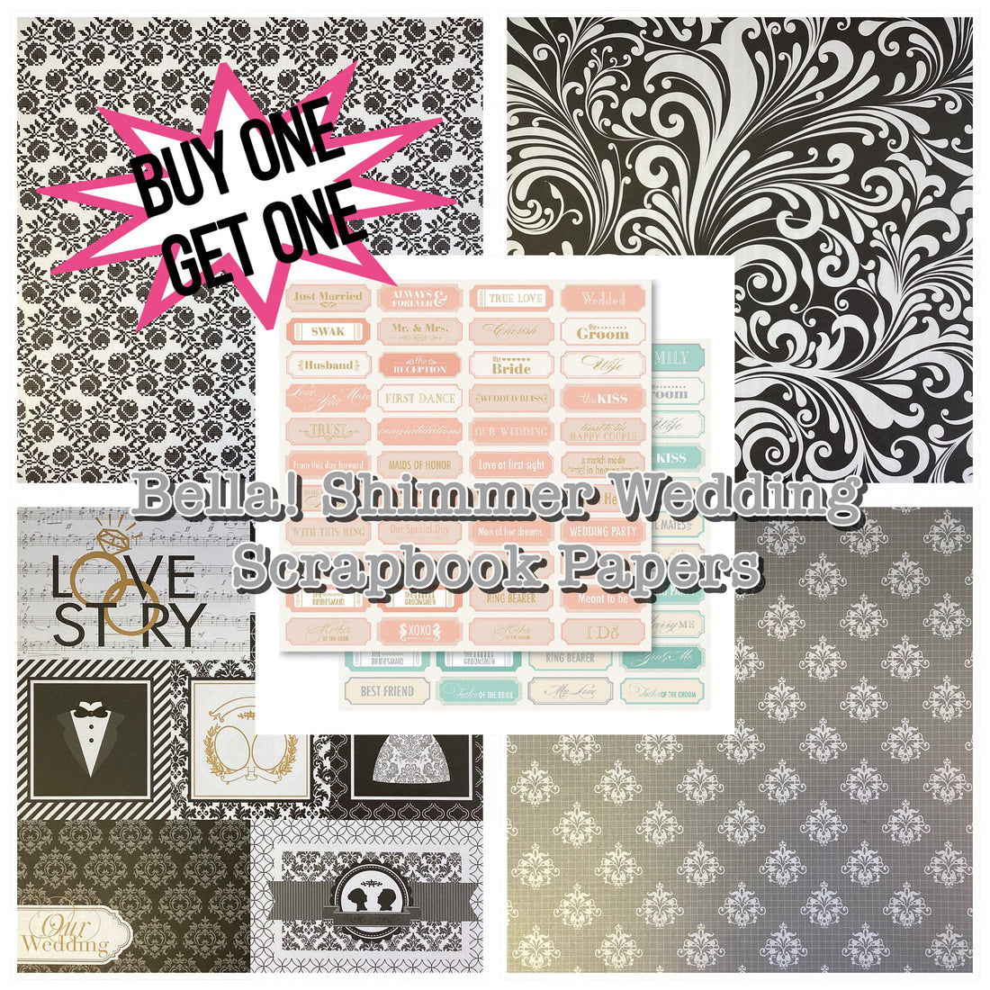 Collection of Bella! Shimmer Wedding Scrapbook Papers BUY ONE GET ONE FREE