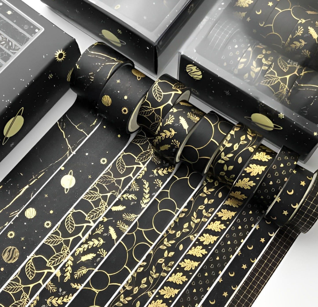 Assorted BLACK WITH GOLD FOIL WASHI TAPE Decorative 10pc