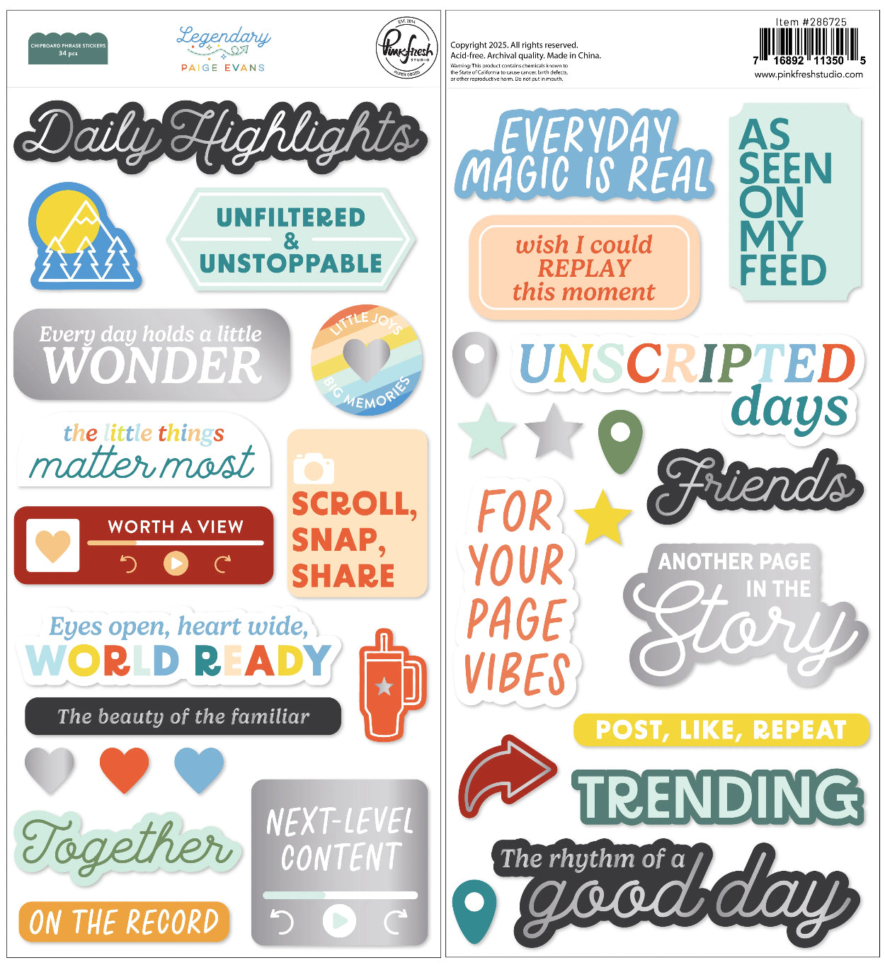 Pinkfresh Paige Evans LEGENDARY Chipboard Phrase Stickers 34pc