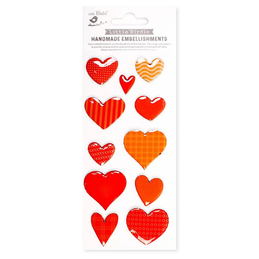 Little Birdie GLAZED HEARTS TANGERINE RESIN Stickers Handmade Embellishments 11pc
