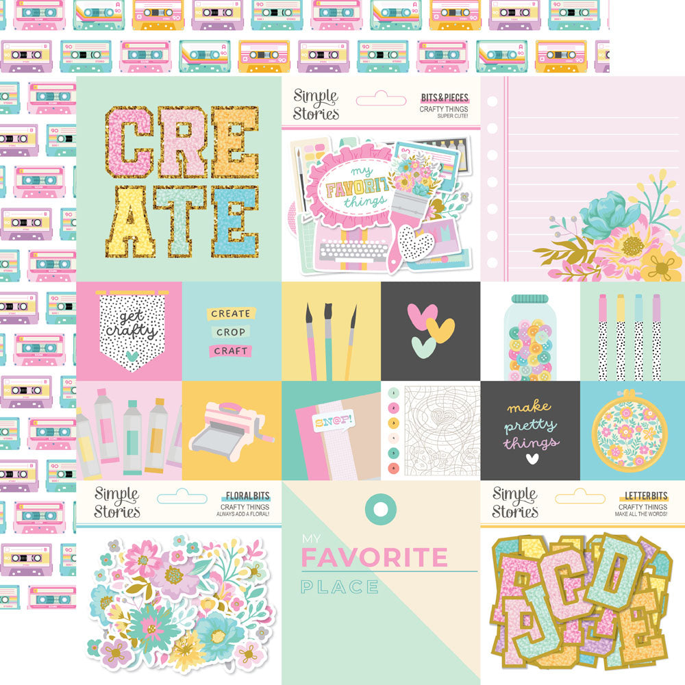 Simple Stories Crafty Things 2X2/4X4 ELEMENTS 12”X12” Scrapbook Paper