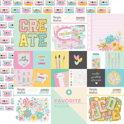 Simple Stories Crafty Things 2X2/4X4 ELEMENTS 12”X12” Scrapbook Paper