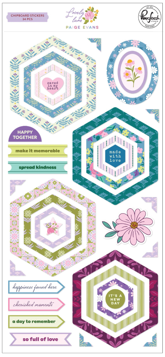 Pinkfresh Paige Evans LOVELY LANE Chipboard Stickers 34pc