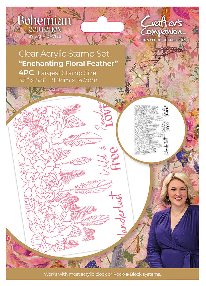 Crafters Companion ENCHANTING FLORAL FEATHER Bohemian Clear Acrylic Stamp Set