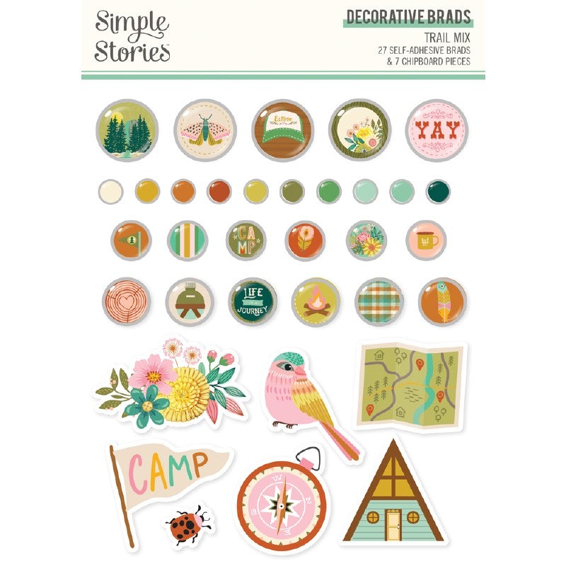 Simple Stories TRAIL MIX Decorative BRADS &amp; CHIPBOARD Pieces 34pc