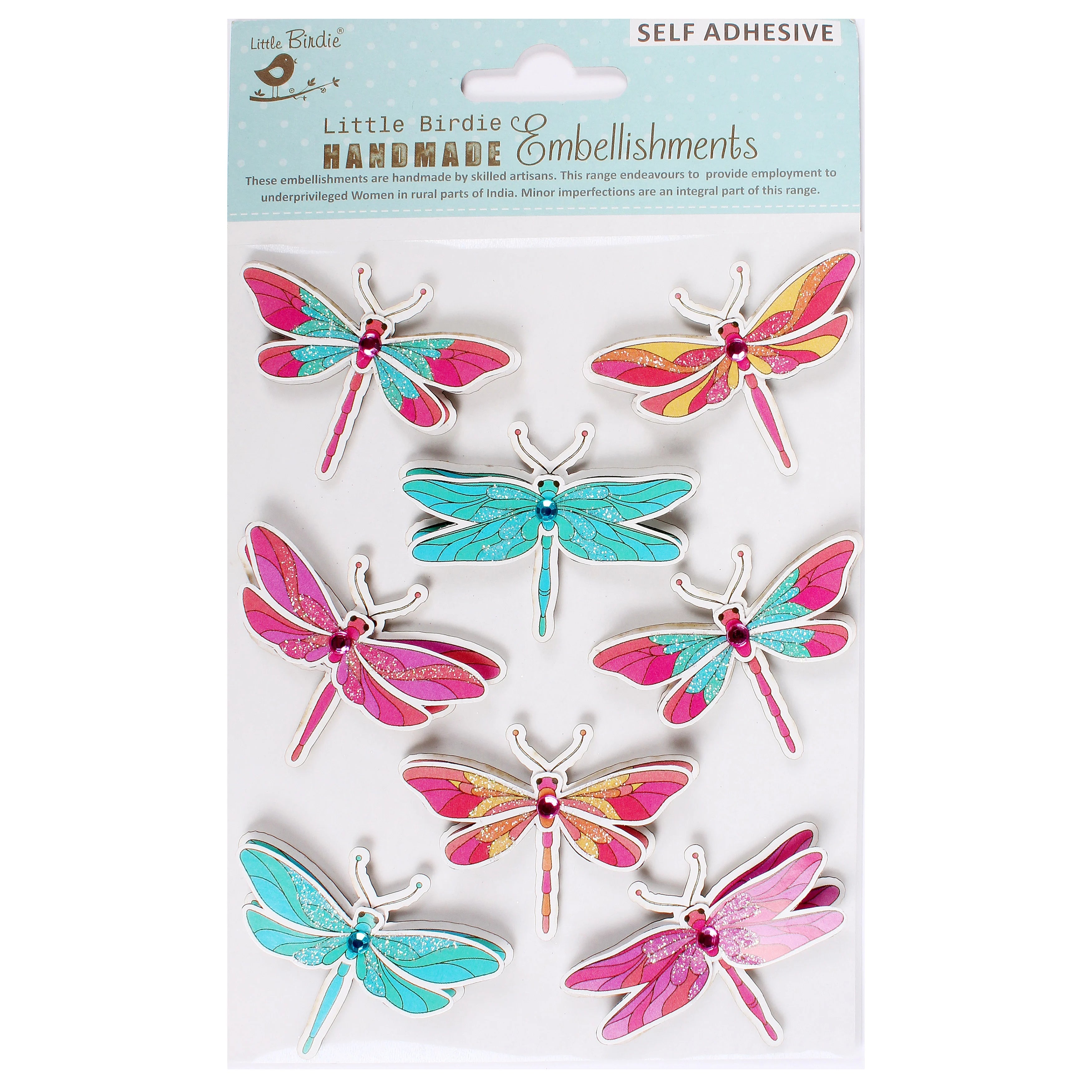 Little Birdie DREAMY DRAGONFLY GLITTER Stickers Handmade Embellishments 8pc