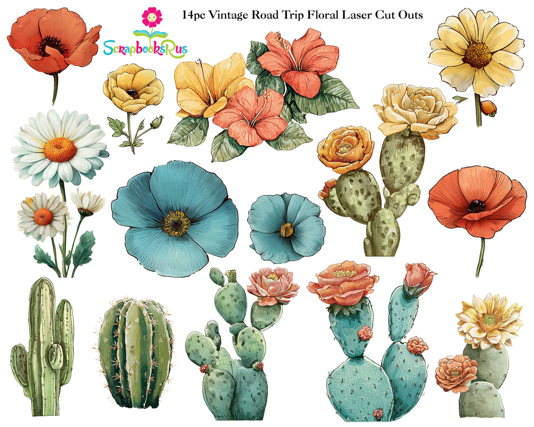 Scrapbooksrus VINTAGE ROAD TRIP Floral Laser Cut Outs 14pc