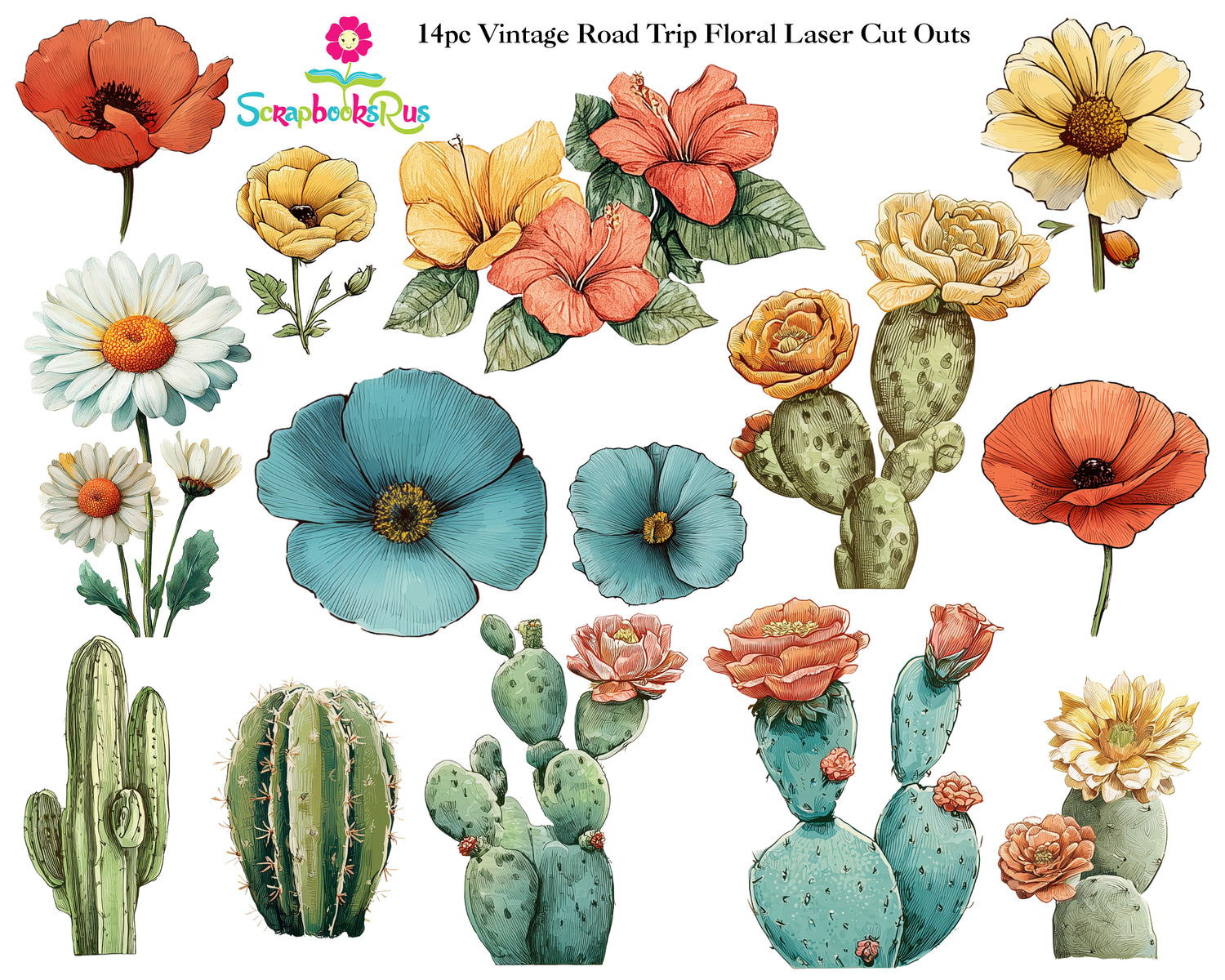 Scrapbooksrus VINTAGE ROAD TRIP Floral Laser Cut Outs 14pc