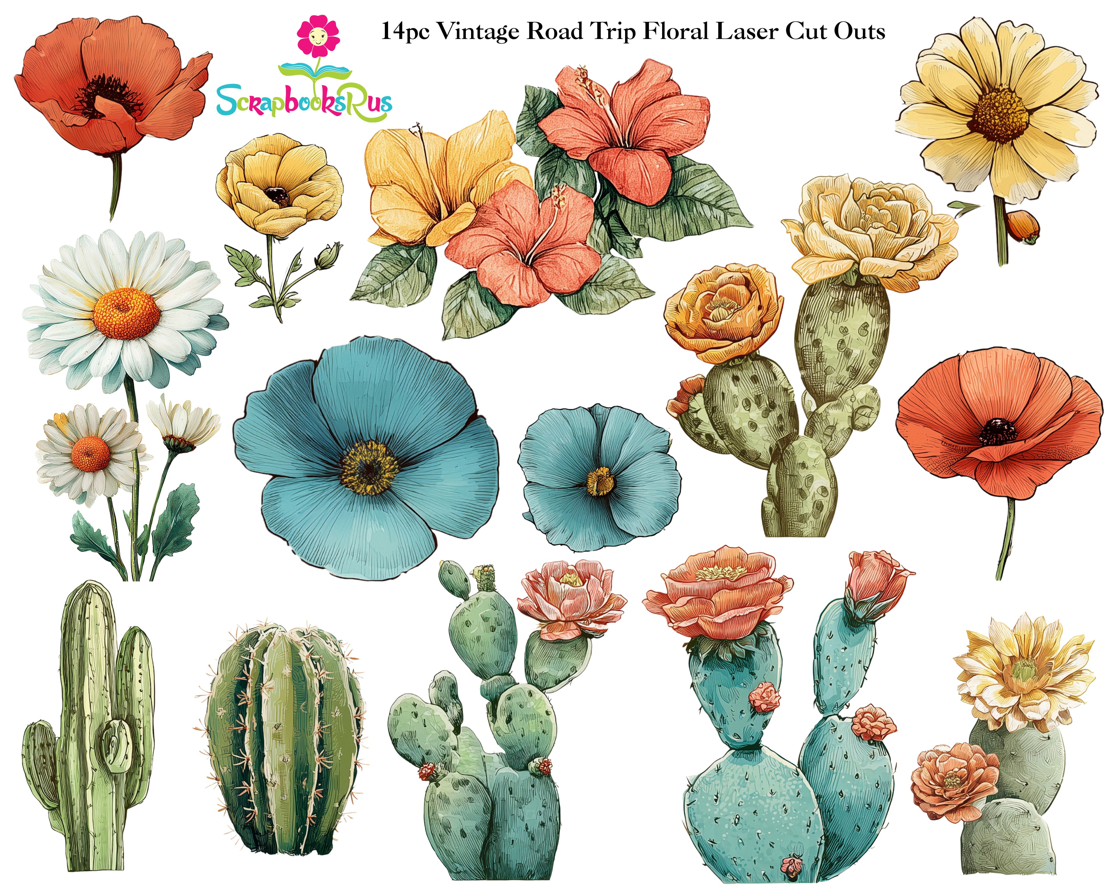 Scrapbooksrus VINTAGE ROAD TRIP Floral Laser Cut Outs 14pc